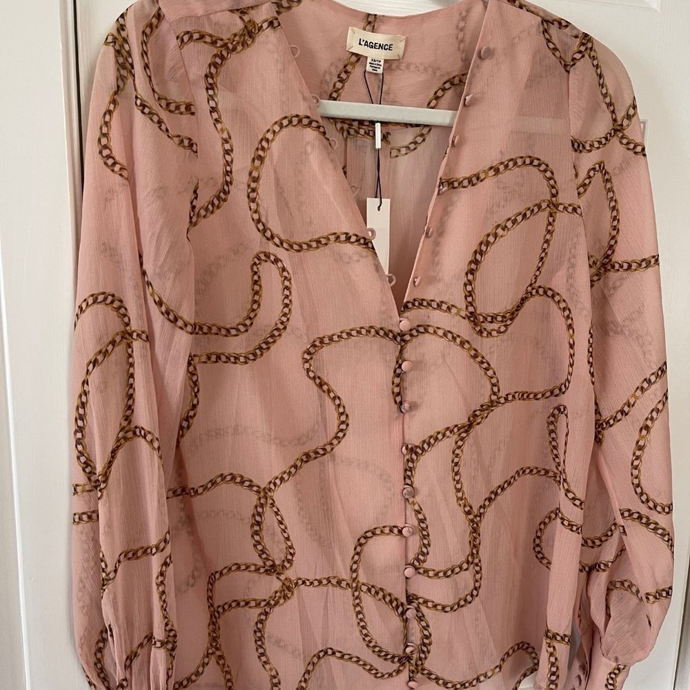 L'AGENCE Pink Chain-Print Silk Button-Down Blouse